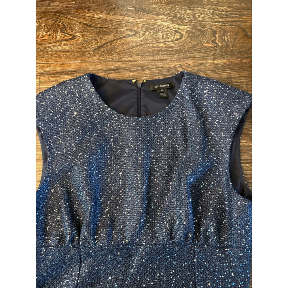 St John Sheath Dress Womens 12 Navy Blue Sequin Knit Sleeveless Gala - Picture 4 of 6